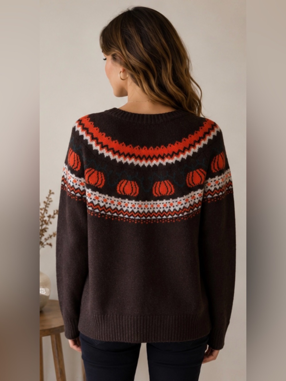 VINCE CAMUTO Halloween Sweater Pumpkin Fair Isle Raglan Sleeves, Brown & Orange - Picture 3 of 8